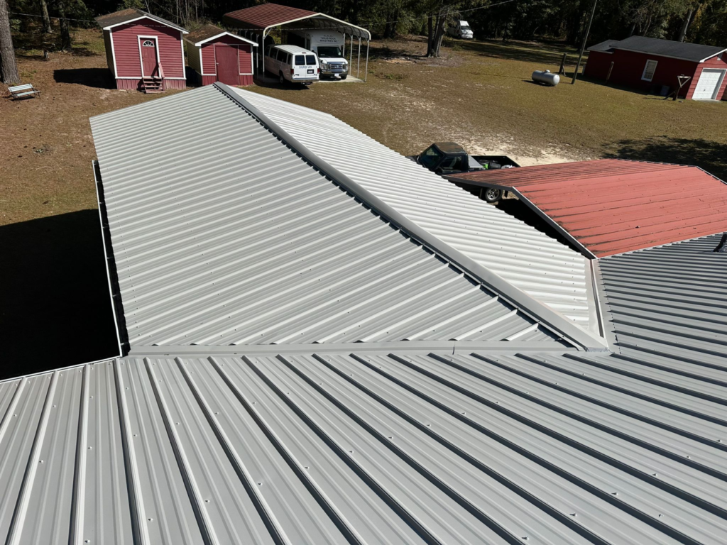 A metal roof in a light gray color