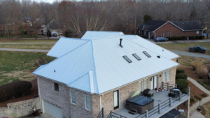 A metal roof with skylights
