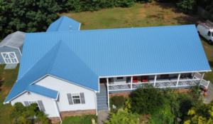 Blue metal roof over a house