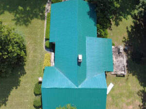 Drone view of completed metal roofing installation by Gator in Wilkesboro, North Carolina.