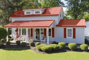 red metal roof on a white house