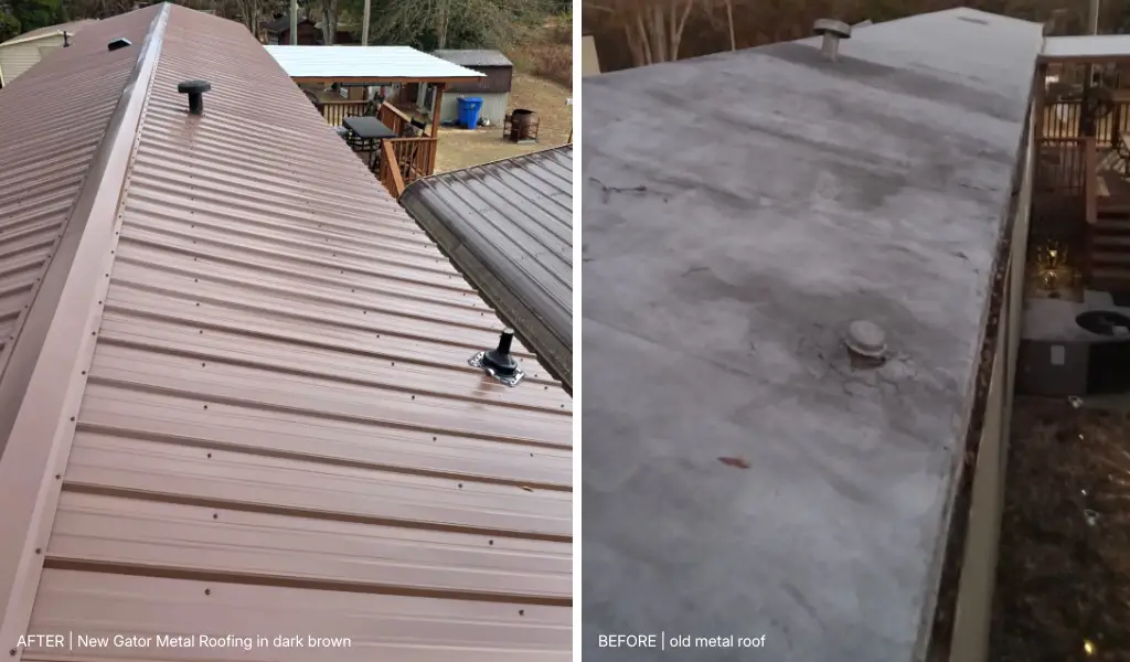 Blackville, SC 1 Before and after photo of new metal over an old metal roof in Blackville, SC installed by Gator Metal Roofing.