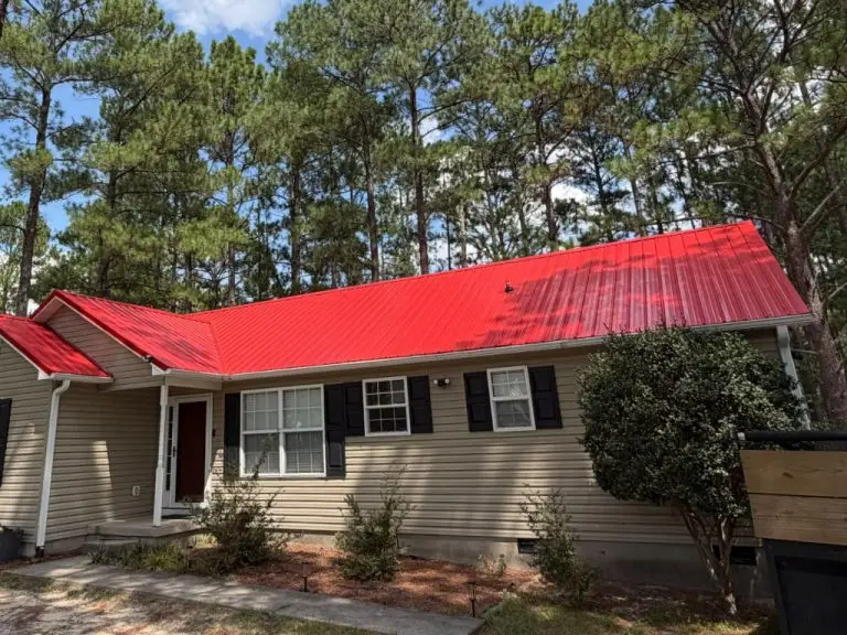 Completed installation of Gator's Brite Red metal roofing in Aberdeen, NC.