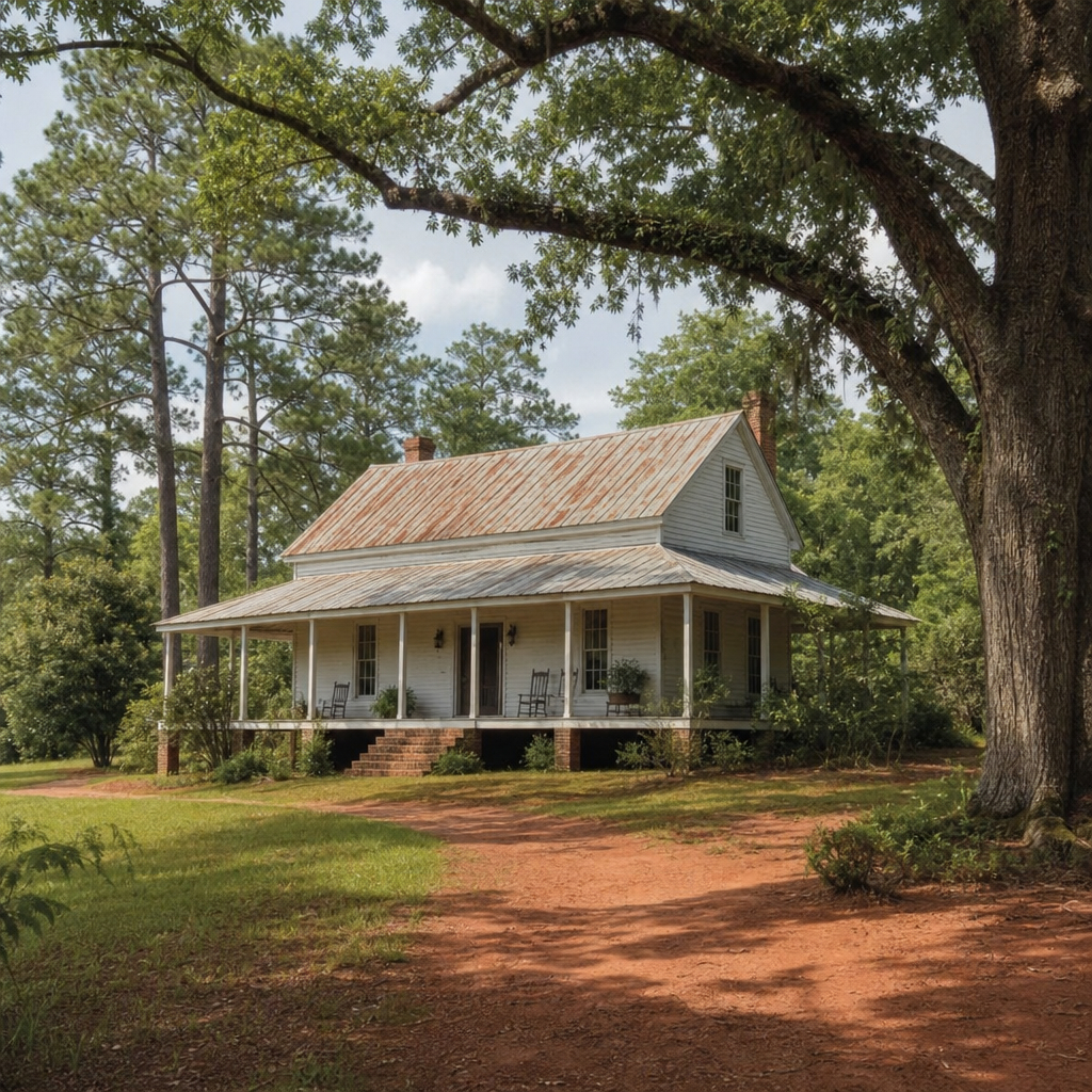 Contest image of a rendition of a lowcountry farm house with aged metal roofing.
