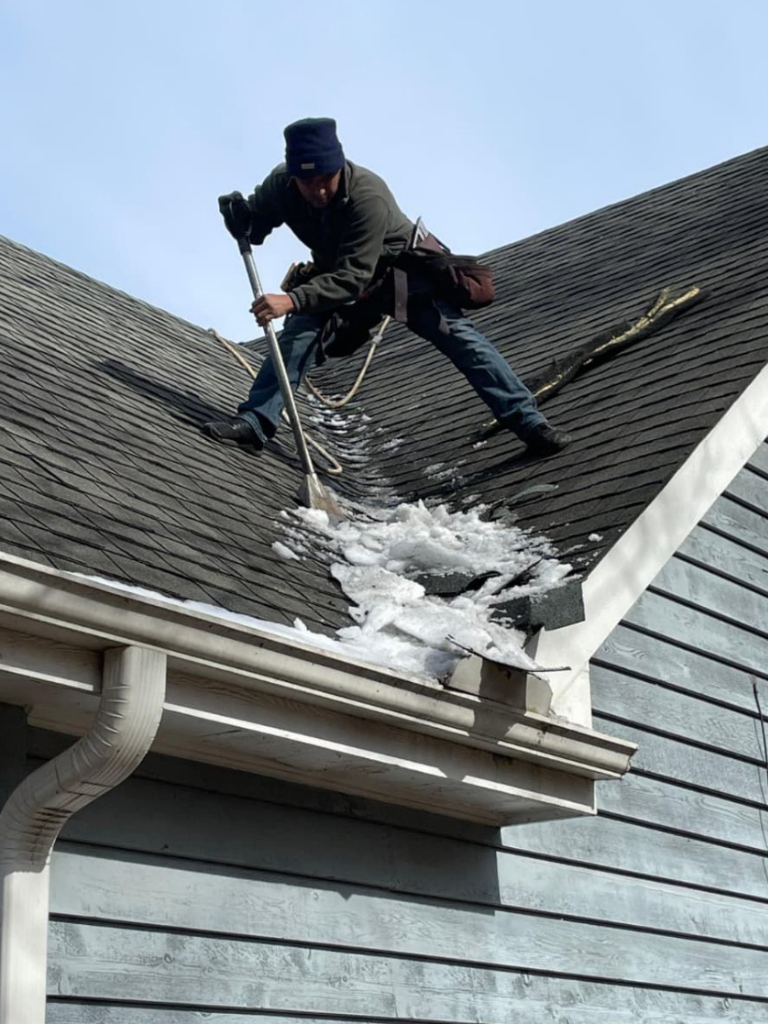 Schedule 2 Gator Metal Roofing professional clearing snow off asphalt shingles.