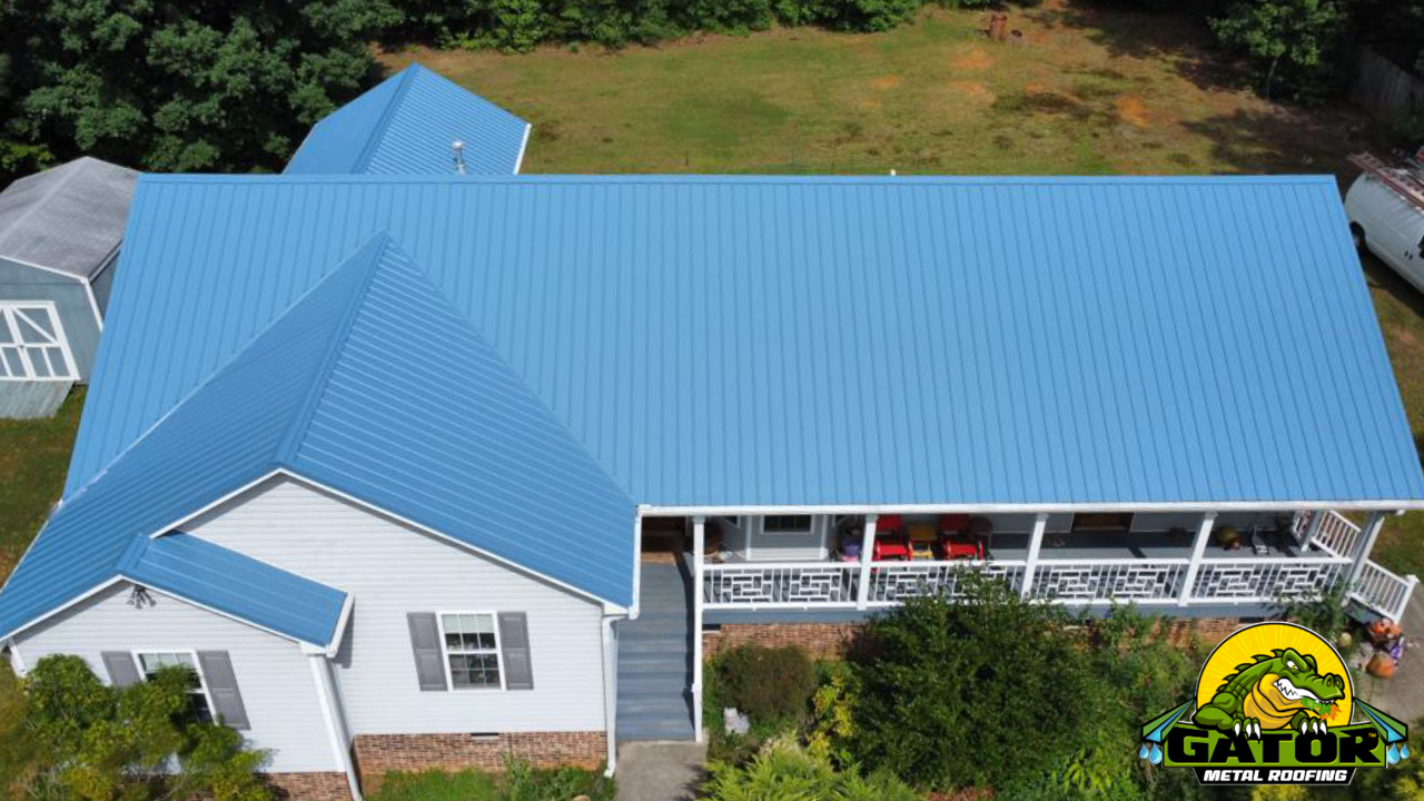 Drone view of Hawaiian blue metal roofing on a southern home in North Carolina.