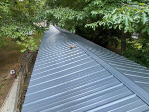 Rooftop view of new metal roof installation in Pfafftown, NC from Gator.