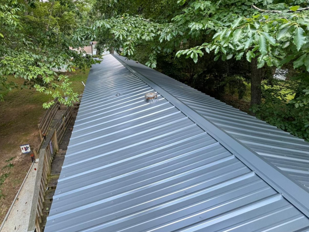 Rooftop view of new metal roof installation in Pfafftown, NC from Gator.