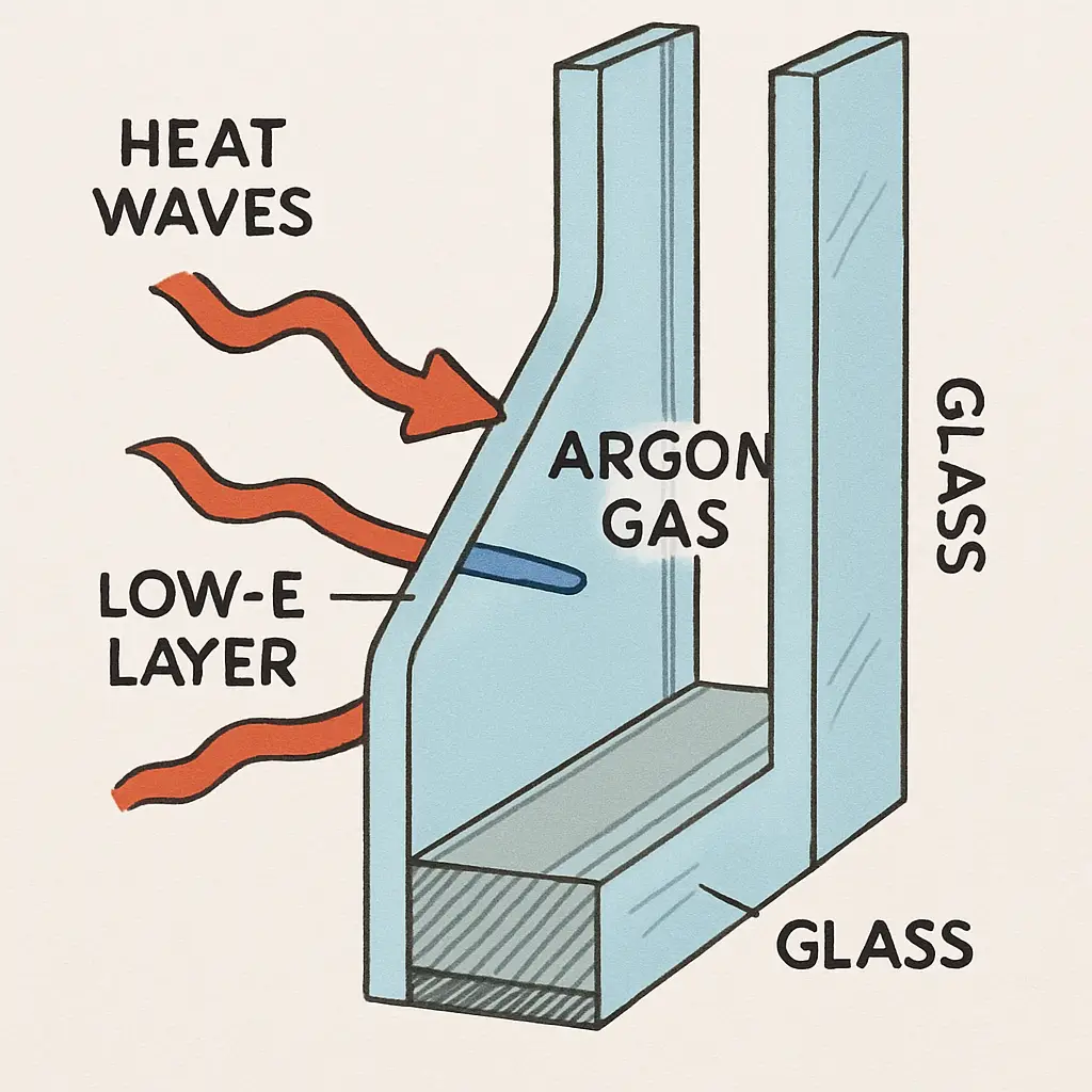 A diagram showing a double-pane window with argon gas in the middle and a microscopic 'Low-E' layer reflecting heat waves.