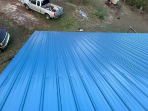 Beautiful blue metal roofing installed by Gator Metal Roofing in Elizabethtown.