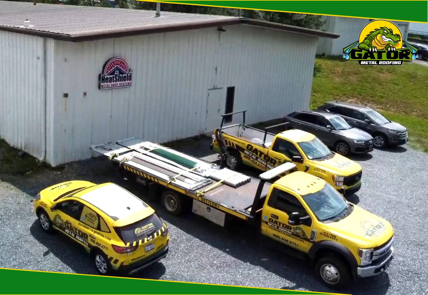 HeatShield manufacturing plant with Gator Metal Roofing trucks ready to deliver your new metal roof.